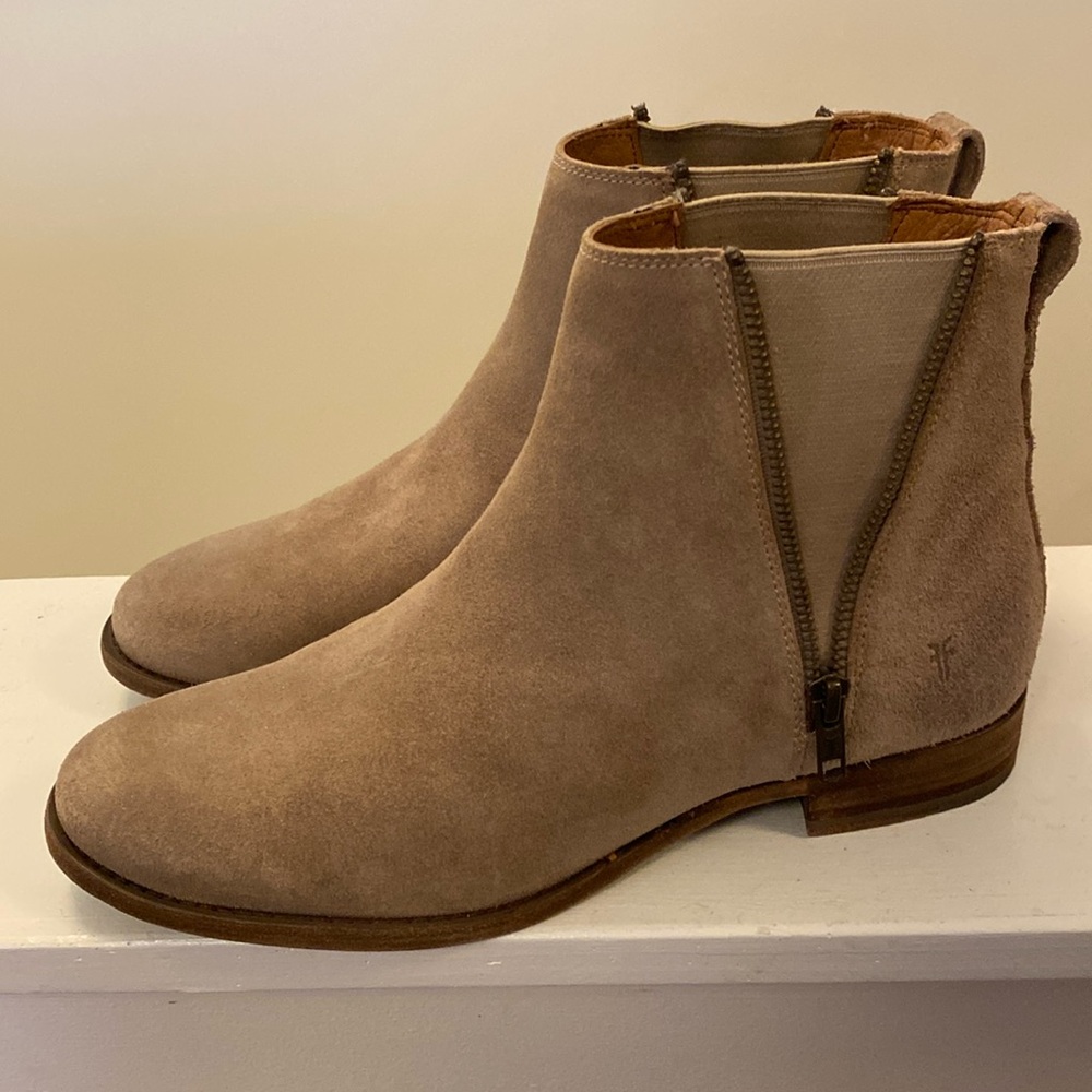 Frye Carly Zip Chelsea Booties in ash suede